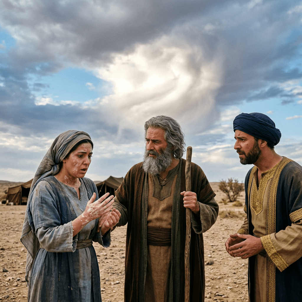 Three people in ancient desert clothing conversing near tents with cloudy sky